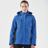 A woman wearing a blue and black 3-in-1 jacket with a hood. The jacket has a zippered pocket and features branding.