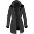 A dark grey women's jacket features a detachable hood and a quilted inner lining, with an attached logo.