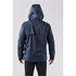 A navy blue lightweight shell jacket with a hood, featuring a back flap and a logo.