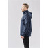 A men's lightweight rain jacket in navy, featuring a hood and a logo.