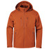 A lightweight orange rain jacket featuring a hood and multiple zippered pockets. It has branding on it.