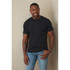 A fitted black men's T-shirt displayed on a model, paired with blue jeans. The shirt features a logo.