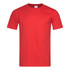A red fitted t-shirt with short sleeves and a crew neck, featuring a logo on the label.