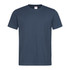 A navy blue heavyweight crew neck T-shirt with short sleeves and a tag inside. It features a logo on the label.