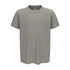 A grey organic crew neck T-shirt with short sleeves and a branding label on the neck.