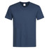 A navy blue men's classic V-neck T-shirt with short sleeves and a tag inside. It features a small logo on the label.