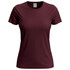 A maroon women's classic T-shirt with short sleeves and a round neckline, featuring a logo on the label.