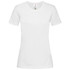 A white women's classic organic crew neck t-shirt with short sleeves and a small logo tag.
