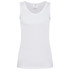 A white women's classic tank top with a scoop neckline and narrow shoulder straps, featuring a logo.