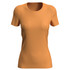 An orange women's active sports T-shirt with a round neck and short sleeves. It features a logo.