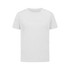 A plain white T-shirt with short sleeves, featuring a logo on the front. Suitable for kids' sportswear.