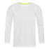 A long sleeve white active shirt with a round neckline and a hint of neon yellow at the collar. It features a logo.