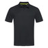 A black polo shirt featuring a modern design and a logo. It has a yellow accent on the collar.