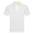 A white polo shirt featuring a collar and three buttons, with a green accent on the interior. Includes a logo.