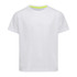 A white T-shirt with a raglan design and a neon green accent on the neckline. It features a logo.