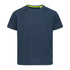 A navy blue kids' t-shirt with raglan sleeves and a contrast neckline. It features a logo on the side.