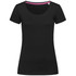 A black women's T-shirt with a crew neck and short sleeves, featuring a contrasting inner neckline and a logo.