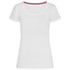 A white women's crew neck t-shirt with a pink detail at the neckline. It features a small logo.