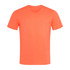 A bright orange crew neck t-shirt with short sleeves and a subtle logo on the neckline.