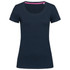 A navy women's crew neck t-shirt with short sleeves and a contrasting inner neck trim. Includes a logo.