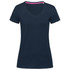 A women's navy V-neck T-shirt featuring a fitted style and a contrasting pink neckline. It has a logo.