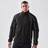 A black men's track jacket with white piping details, featuring a zip front and a logo.