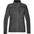 A grey women's fleece jacket with a zip front, featuring contrasting black seams and pockets, and includes a logo.