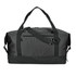 A black duffle bag with dual handles, a detachable shoulder strap, and a zippered front pocket. Features a logo.