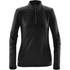A women's black fleece pullover with a quarter zip and long sleeves, featuring a small logo on the hem.