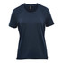 A women's short sleeve tee in navy blue, featuring a round neckline and a logo on the fabric.