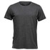 A grey crew neck t-shirt with short sleeves and a side label detail. It features a branding logo on the neckline.