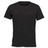 A black crew neck t-shirt featuring short sleeves and a subtle logo. Ideal for casual wear.