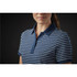 A women's polo shirt in navy blue with white horizontal stripes, featuring a collar and buttons.