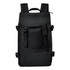 A black backpack featuring adjustable straps, front pocket, and a zippered compartment at the base. It has a logo.