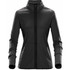 A women's polar fleece jacket in black with a full zip, high collar, and side pockets. Features a logo.