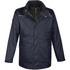 A navy blue men's 3-in-1 parka jacket with multiple pockets and a branded logo.