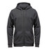 A men's full zip hoody in dark grey, featuring a front zipper and pockets. Includes a branding logo.