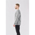 A grey long-sleeve Henley shirt is displayed on a model from the side, featuring a simple design and a logo.