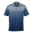 A men's polo shirt in a gradient of dark blue to lighter blue hues, featuring a collar and logo.