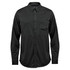 A black long sleeve button-up shirt with a chest pocket and a collar. It has a logo on the label.