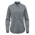 A women's button-up shirt in a grey fabric, featuring long sleeves and a chest pocket. The shirt has a branding logo.