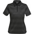 A women's short-sleeve polo shirt in black with a subtle striped pattern and a collar, featuring branding.
