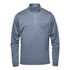 A grey men's pullover with a 1/4 zip and a chest pocket, featuring a logo on it.
