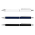 A set of three metal pens in white, navy blue, and black, featuring chrome accents and a branding logo.