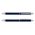 A metal pen set featuring a sleek navy blue finish with silver accents and a clip design. Includes two pens.