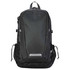 A sleek black backpack with mesh side pockets and a branding logo. Features multiple zippered compartments.