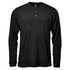 A black long-sleeve Henley shirt featuring a buttoned neckline and a textured design. The shirt has a logo.