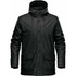 A black insulated rain jacket with a hood, featuring a front zip and button closure, and two front pockets.