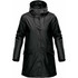 A black women's insulated rain jacket with a hood, featuring button closures and front pockets.