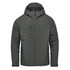 A grey-green thermal shell jacket with a hood, featuring zippered pockets and a logo.